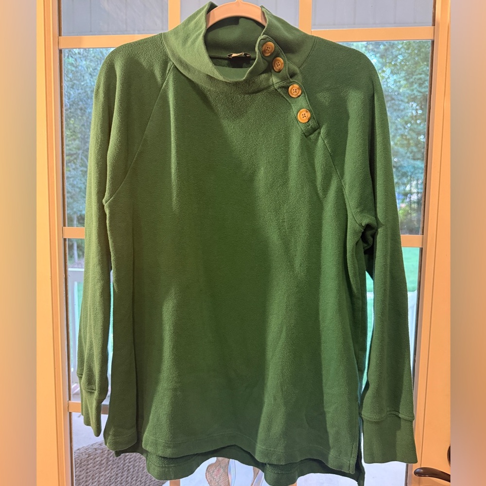 J. Crew Green Button-Up Funnel Neck Sweatshirt Size Medium.